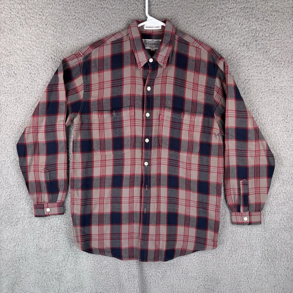 Vintage‎ Levi's Diamond Label Button Up Shirt Mens XL Plaid 70s Pockets READ